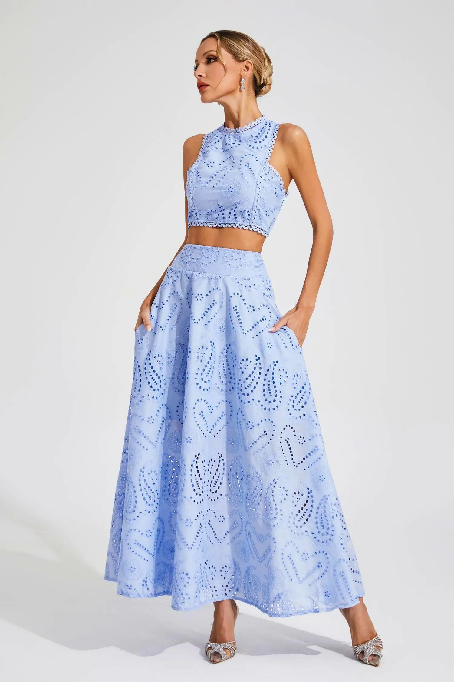 Halia Blue Embroider Sleeveless Set