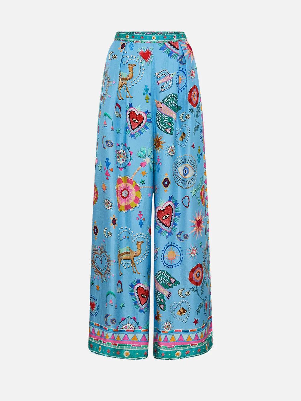 Embellished printed pleated twill wide-leg pants set