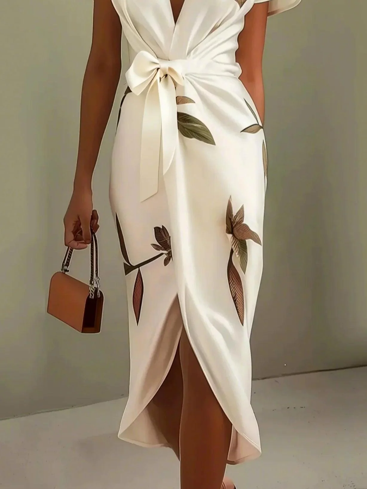 White Leaf Short Sleeve Satin Wrap Sheath Midi Dress