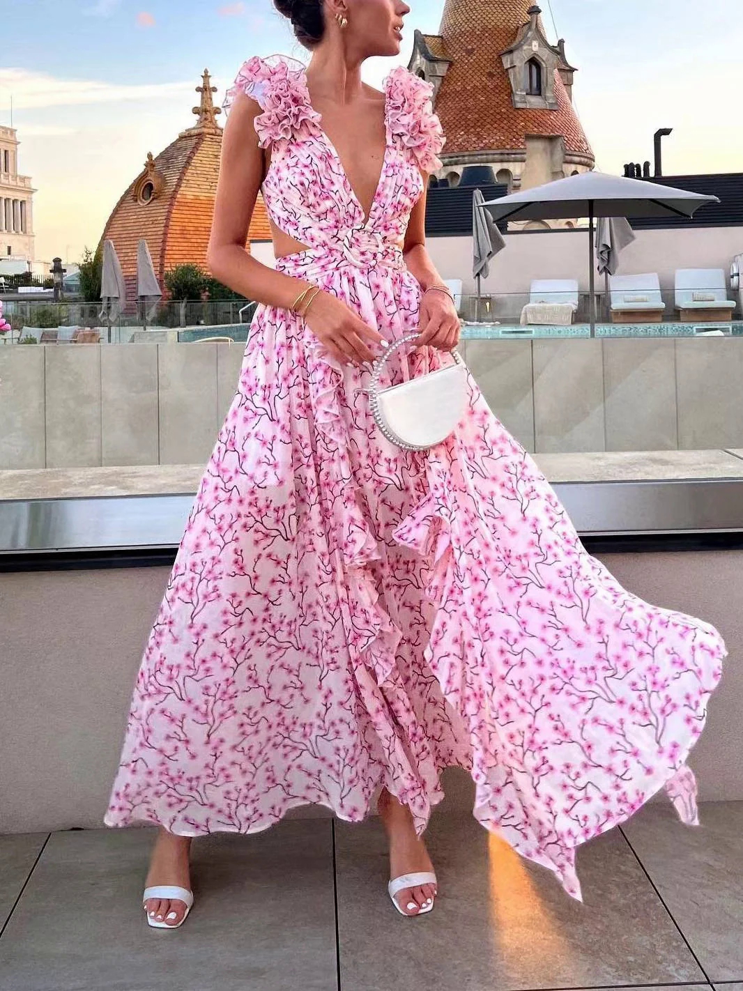 Deep V-neck Floral Hollow Maxi Dress