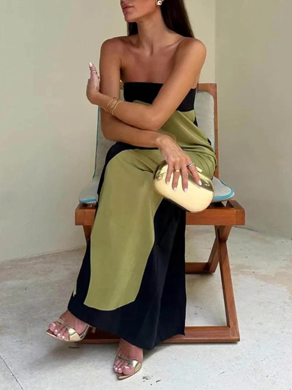 Strapless Color Block Printed Maxi Party Dress