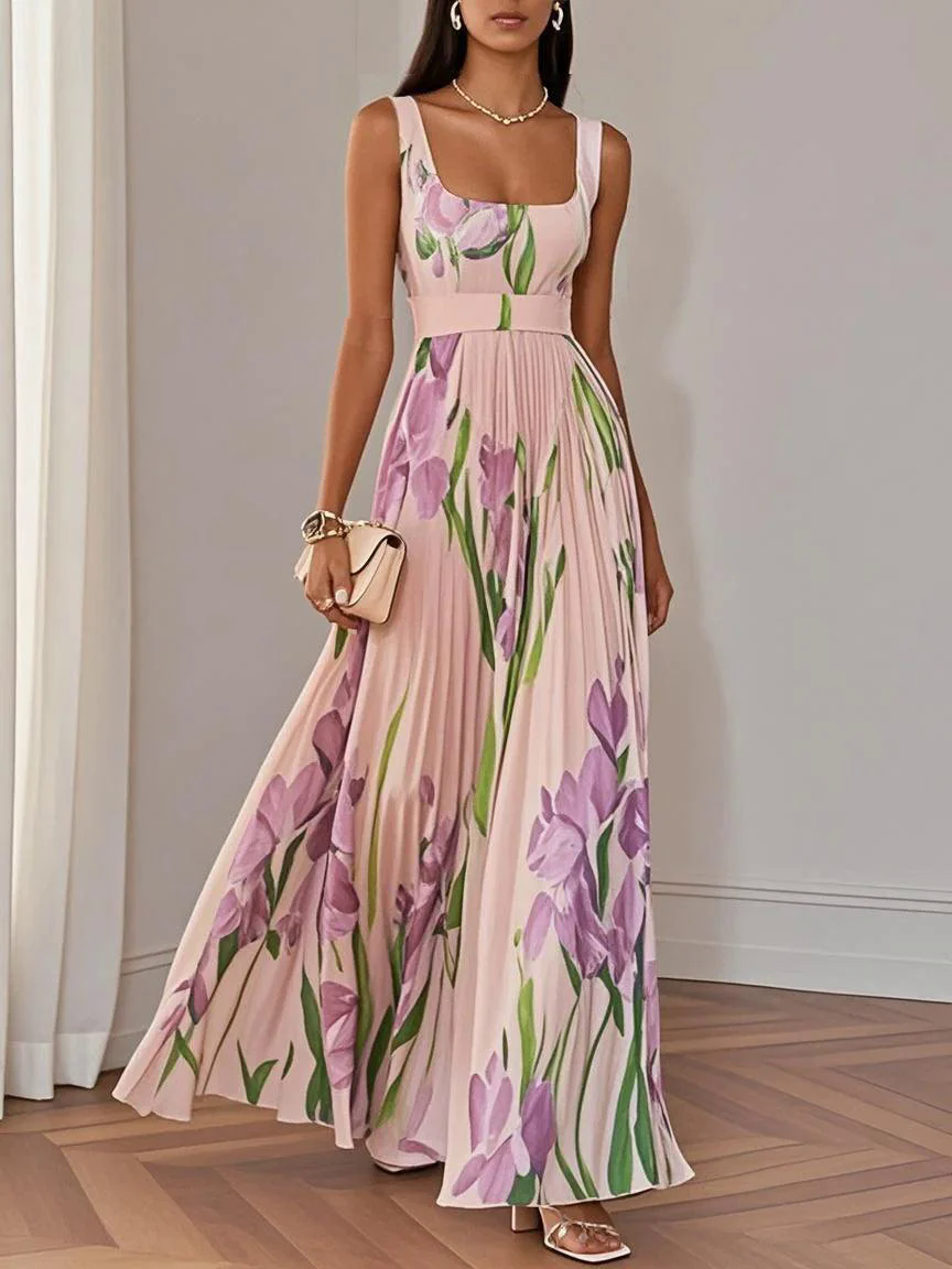 White Pleated Floral Chiffon Square Neck Sleeveless A-Line Maxi Dress