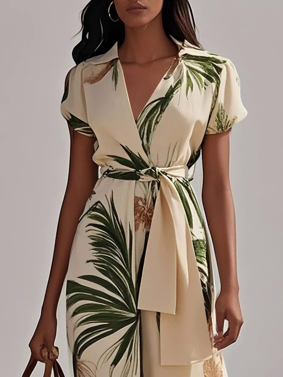 Beige Vacation Printing Floral Classic V Neck Maxi Dress