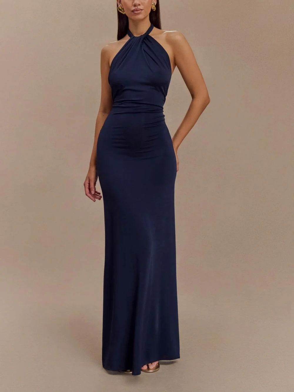 Slinky Halter Maxi Dress - Navy