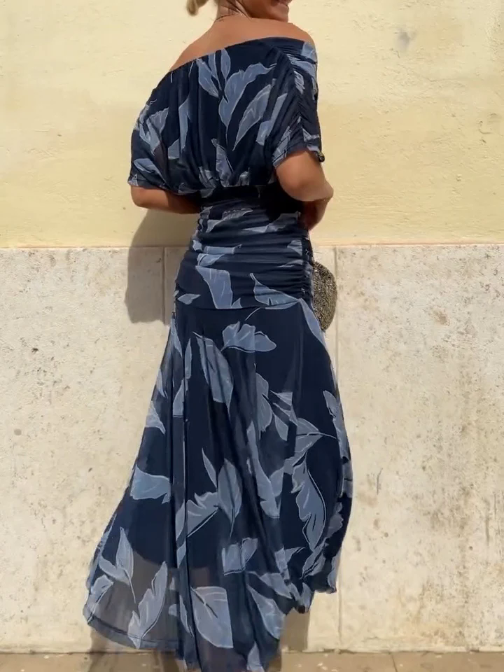 Dark Blue Leaf Print Dress