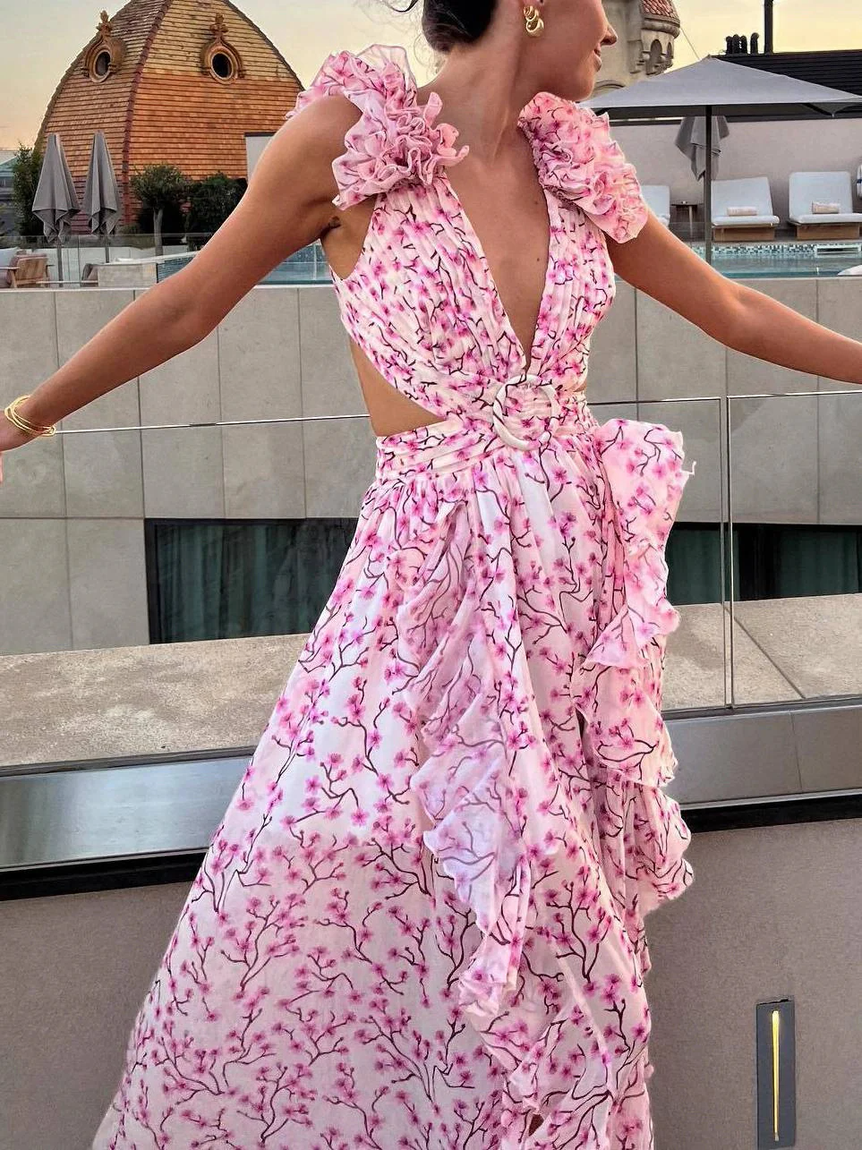 Deep V-neck Floral Hollow Maxi Dress