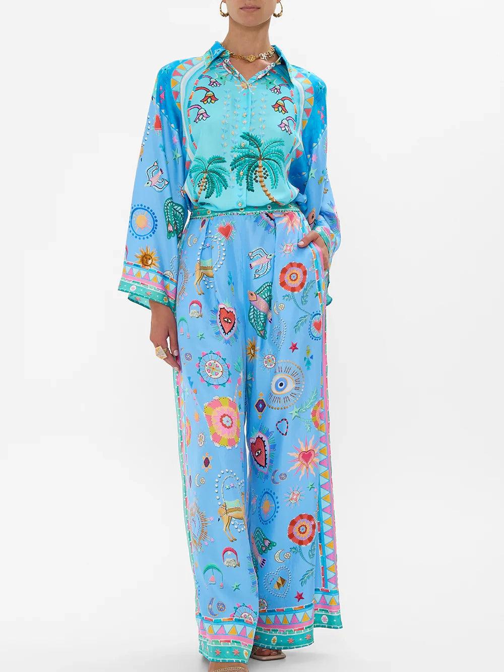 Embellished printed pleated twill wide-leg pants set