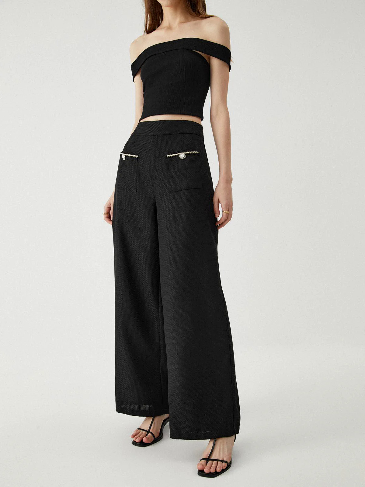 Contrast Trim Pocket Wide Leg Pants