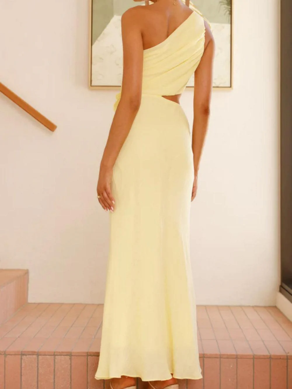 Solid color off-shoulder dress with 3D flowers