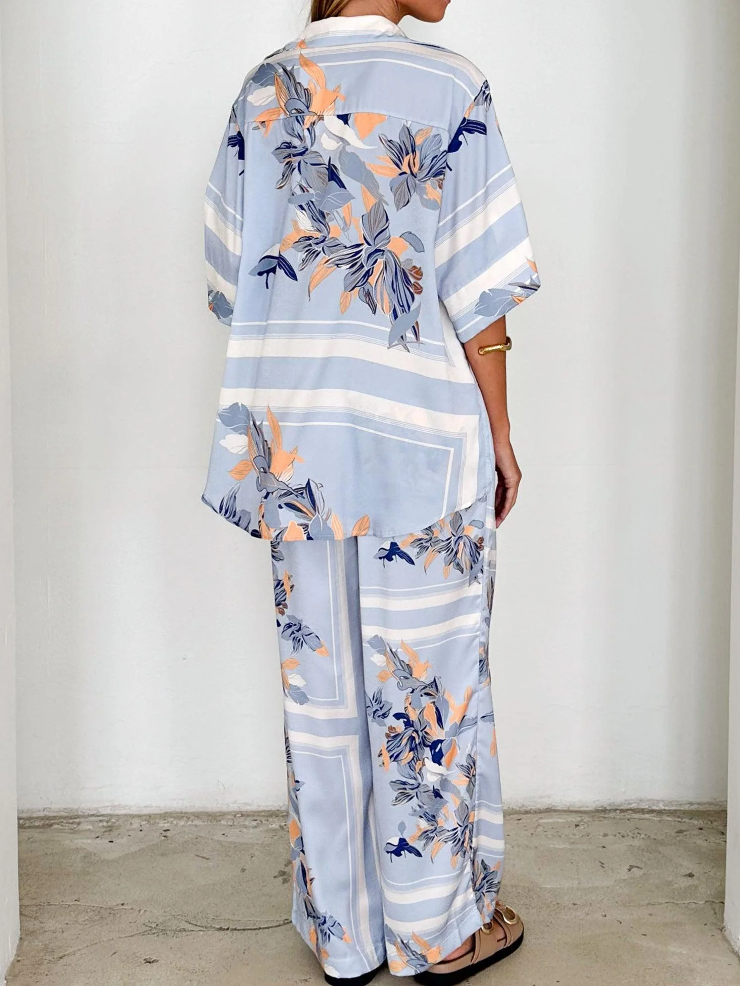 Powder Blue Floral Casual Loose Shirt and Trousers Set