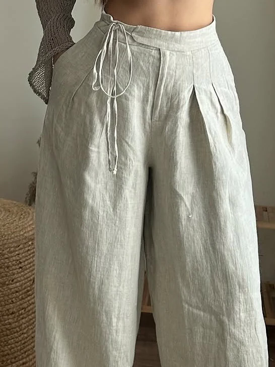 Beige Linen Wide-Leg Pants