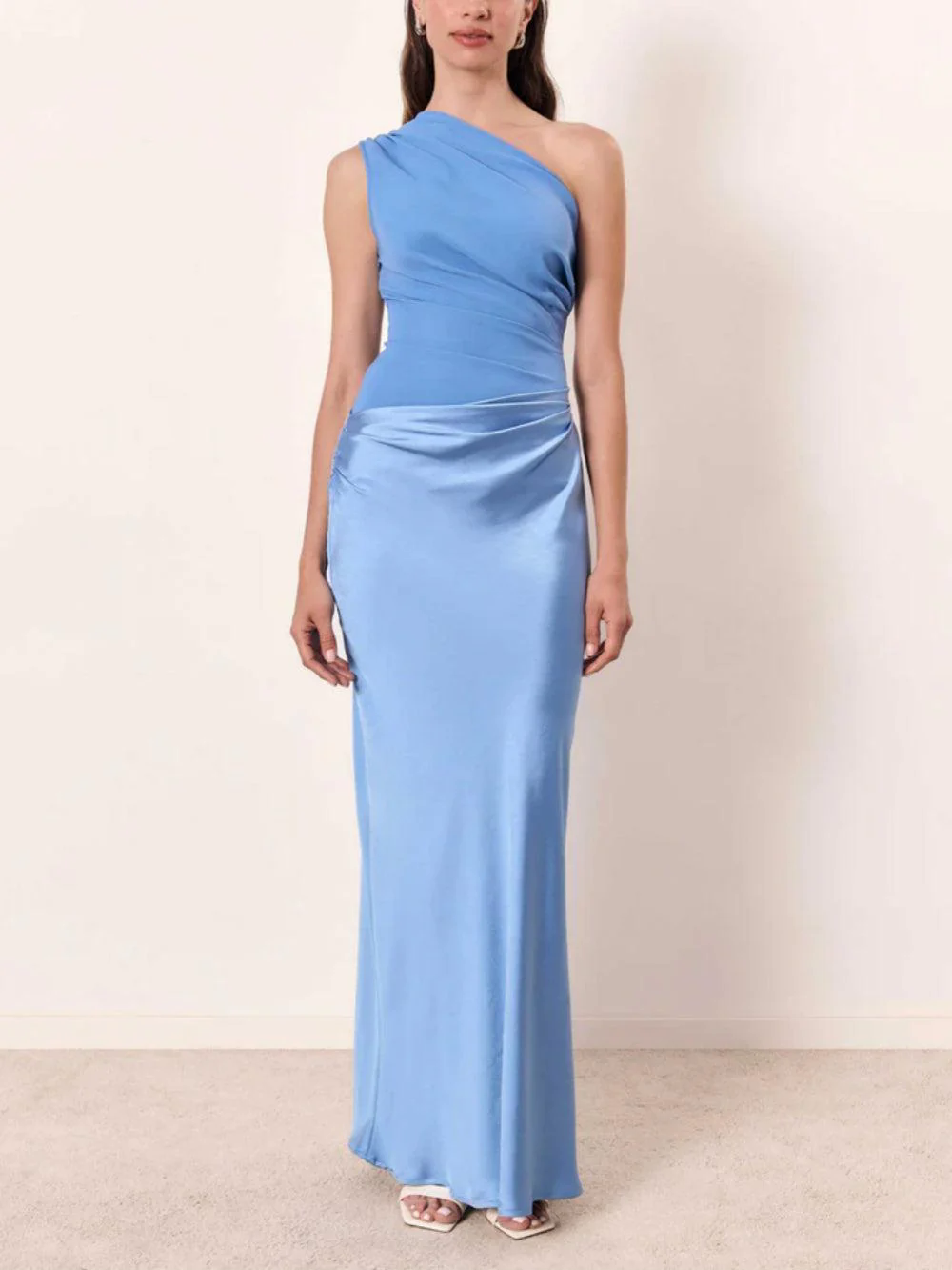 One Shoulder Neck Pleated Party Maxi Dress