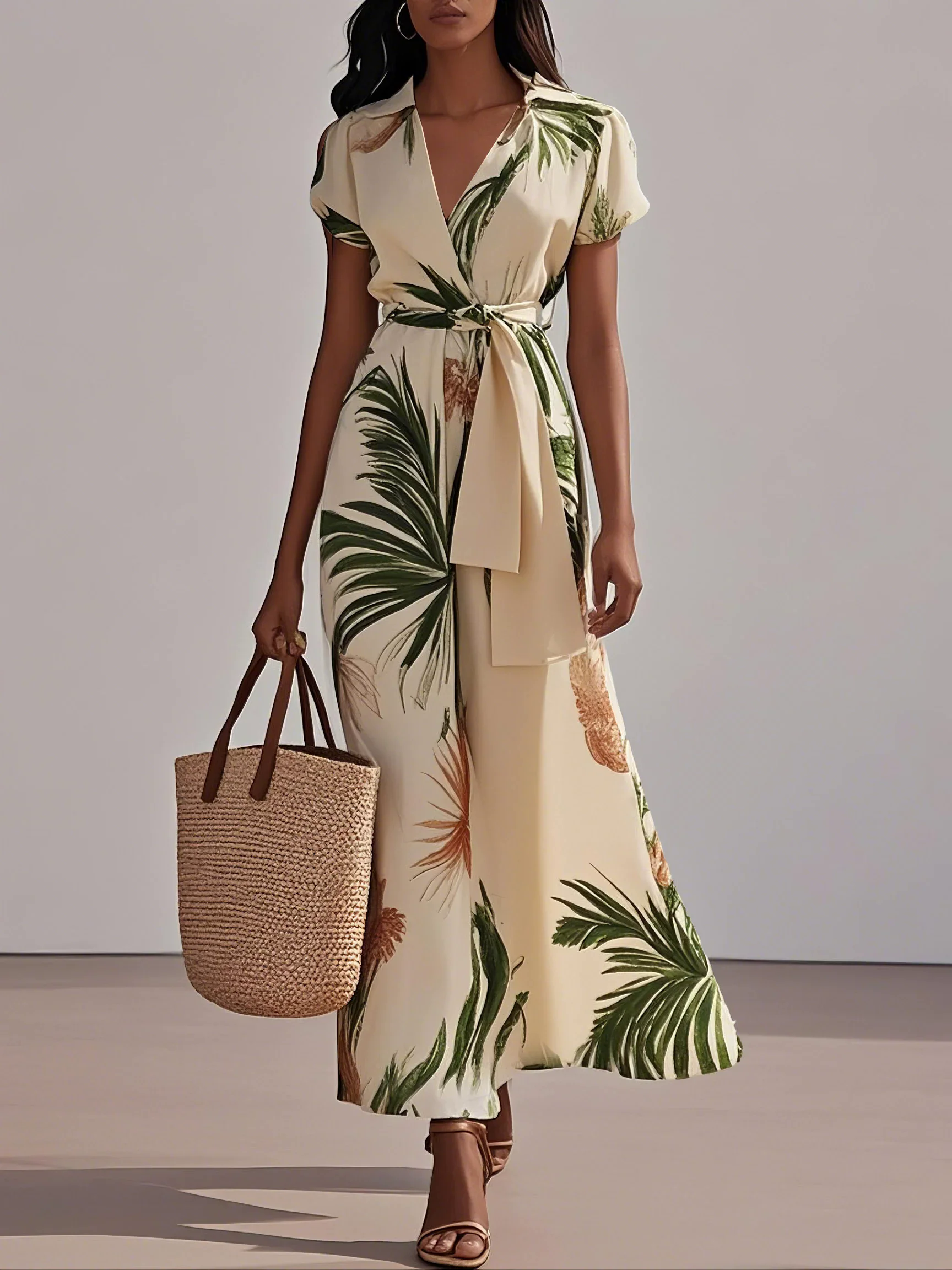 Beige Vacation Printing Floral Classic V Neck Maxi Dress