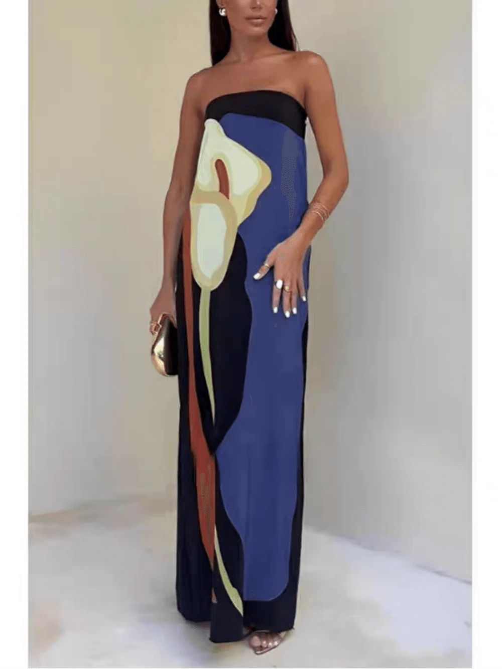Strapless Color Block Printed Maxi Party Dress