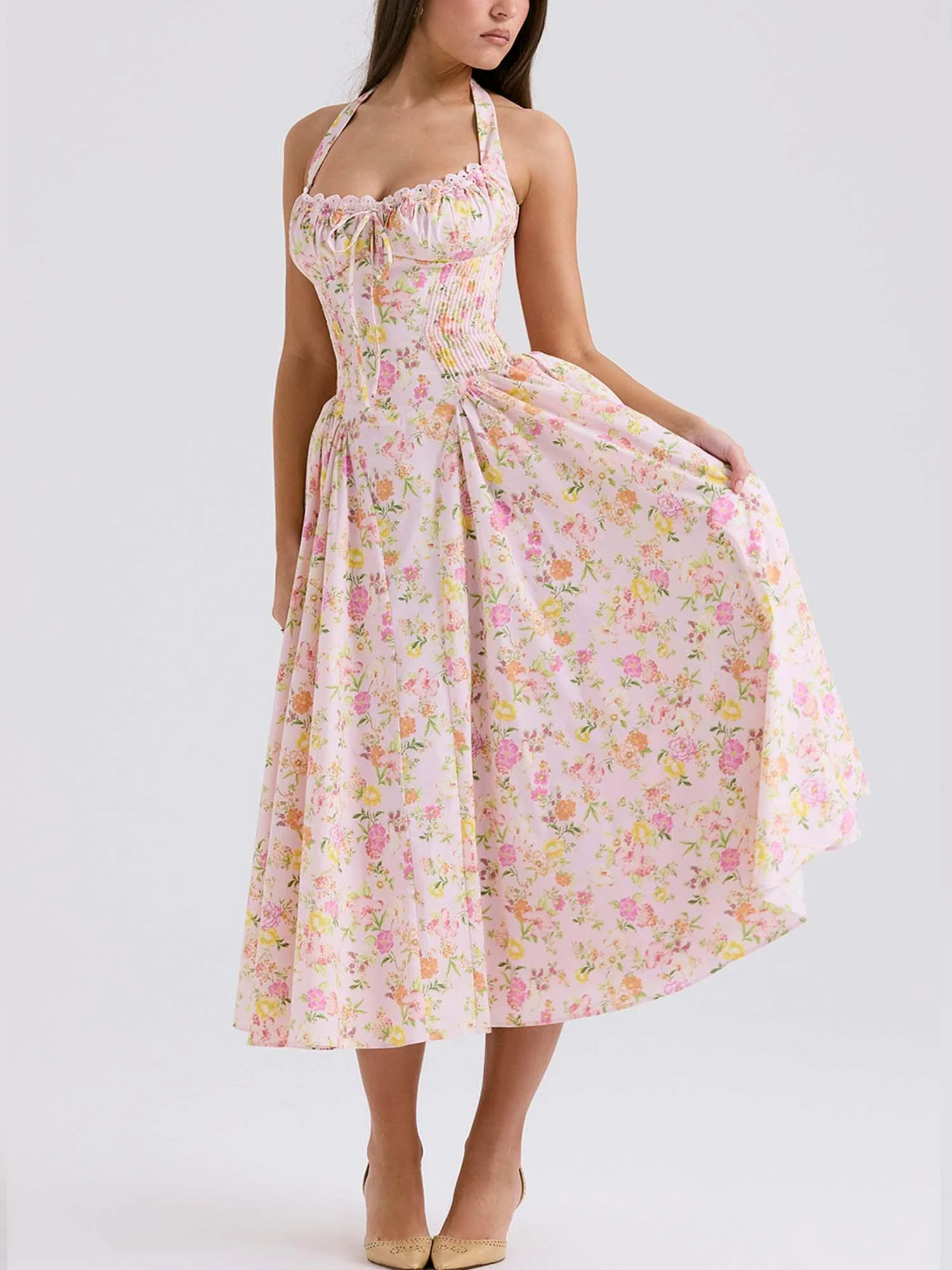 Romantic Floral Corset Midi Dress
