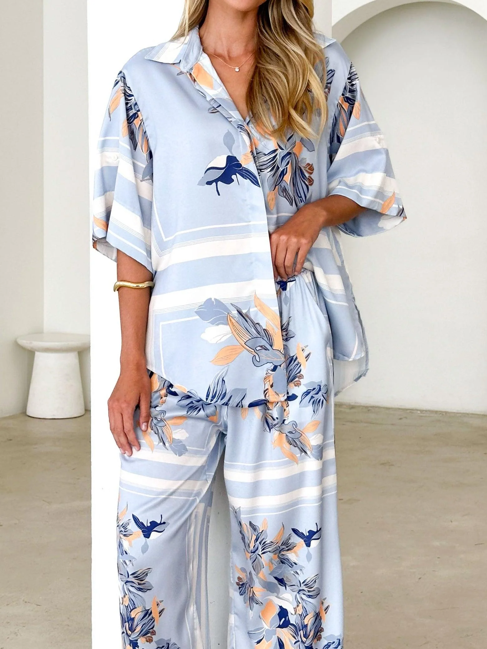 Powder Blue Floral Casual Loose Shirt and Trousers Set