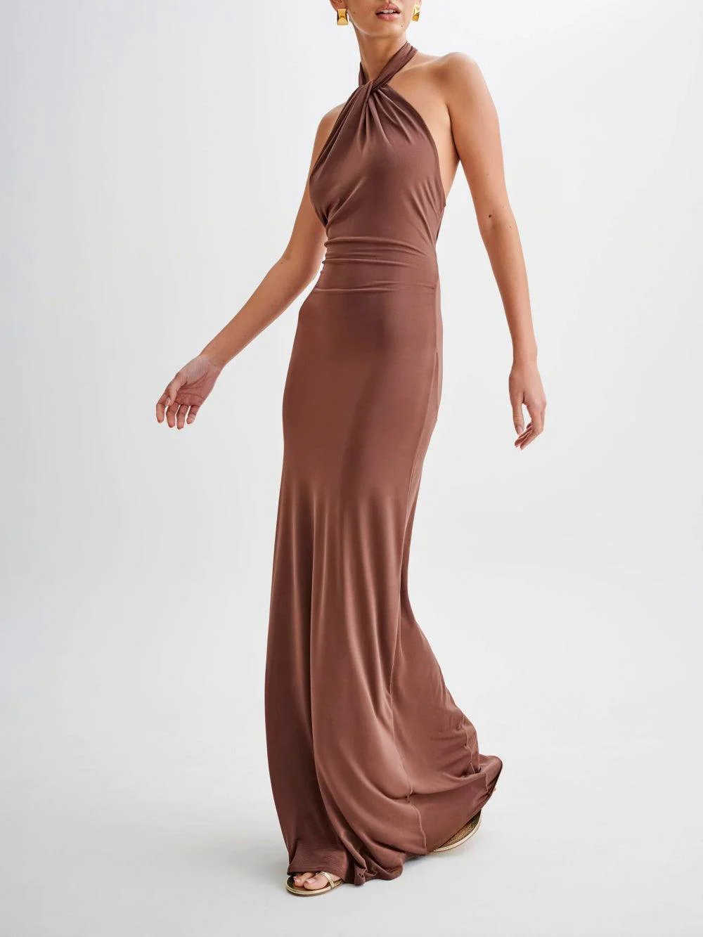 Slinky Halter Maxi Dress - Brown
