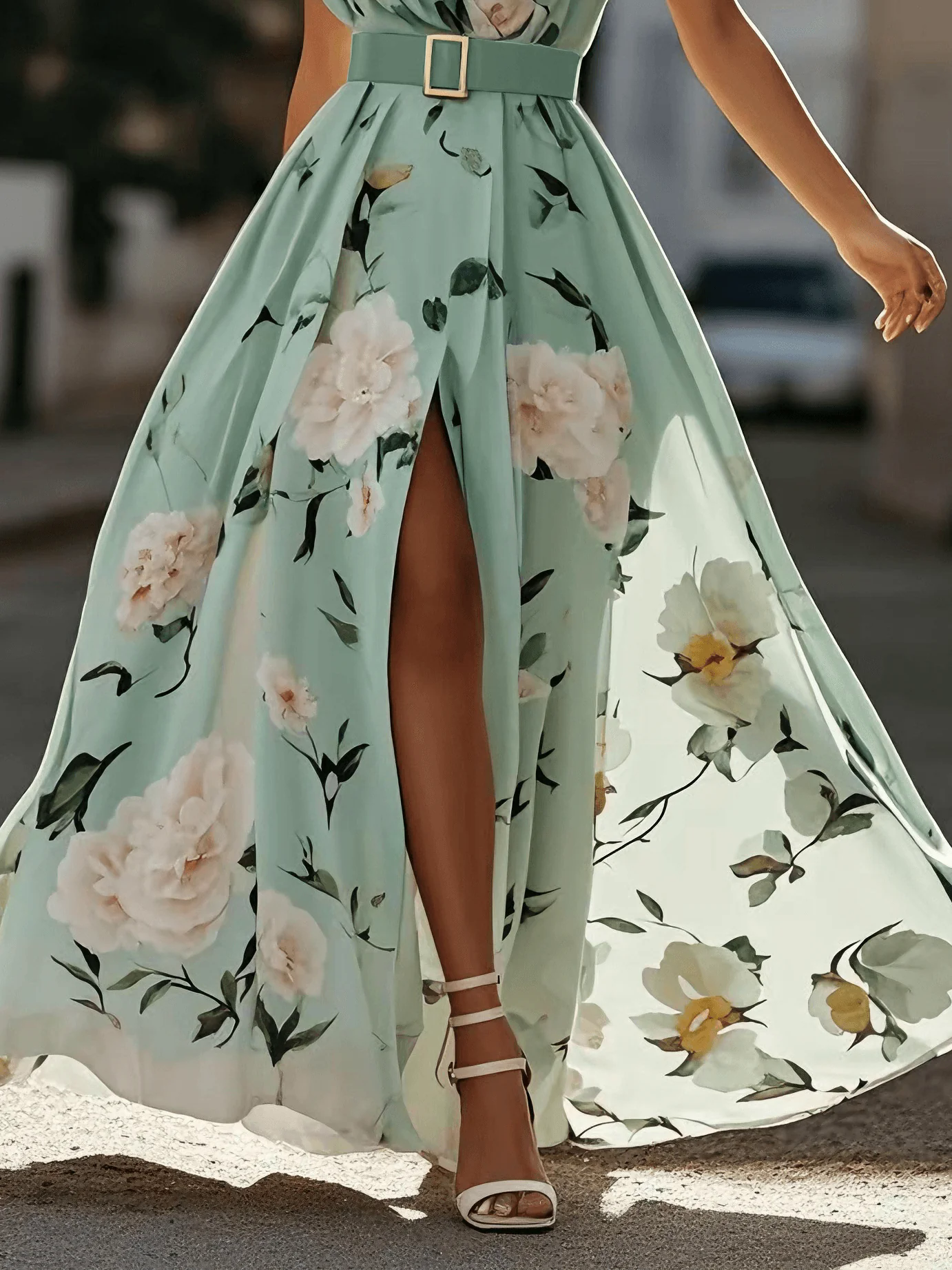 Light Green Floral Ruched One Shoulder A-Line Maxi Chiffon Dress