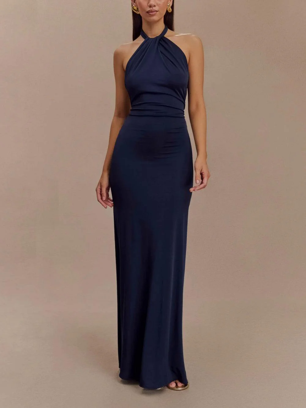 Slinky Halter Maxi Dress - Navy