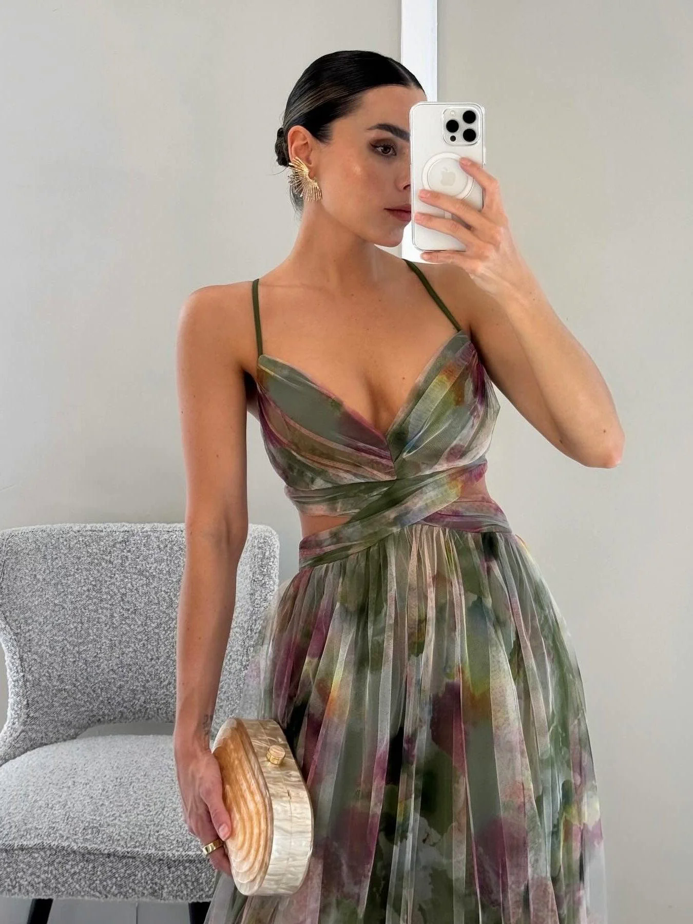 Elegant Painted Floral Print V-Neck A-Line Maxi Dress