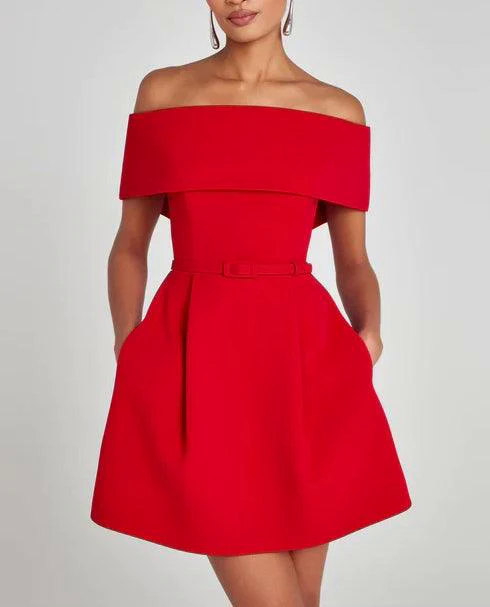 Elegant Evening Lapel Bandeau Removable Belt Pocketed Mini Dress