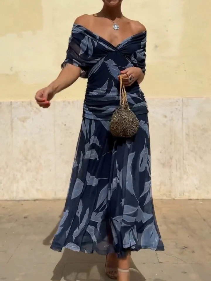 Dark Blue Leaf Print Dress