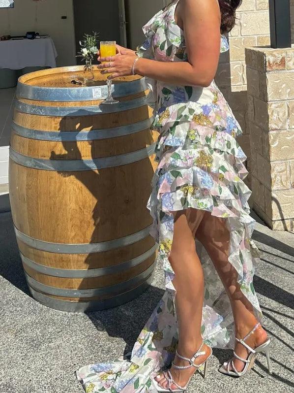 Multi-layer lace suspenders irregular hem Maxi Dress