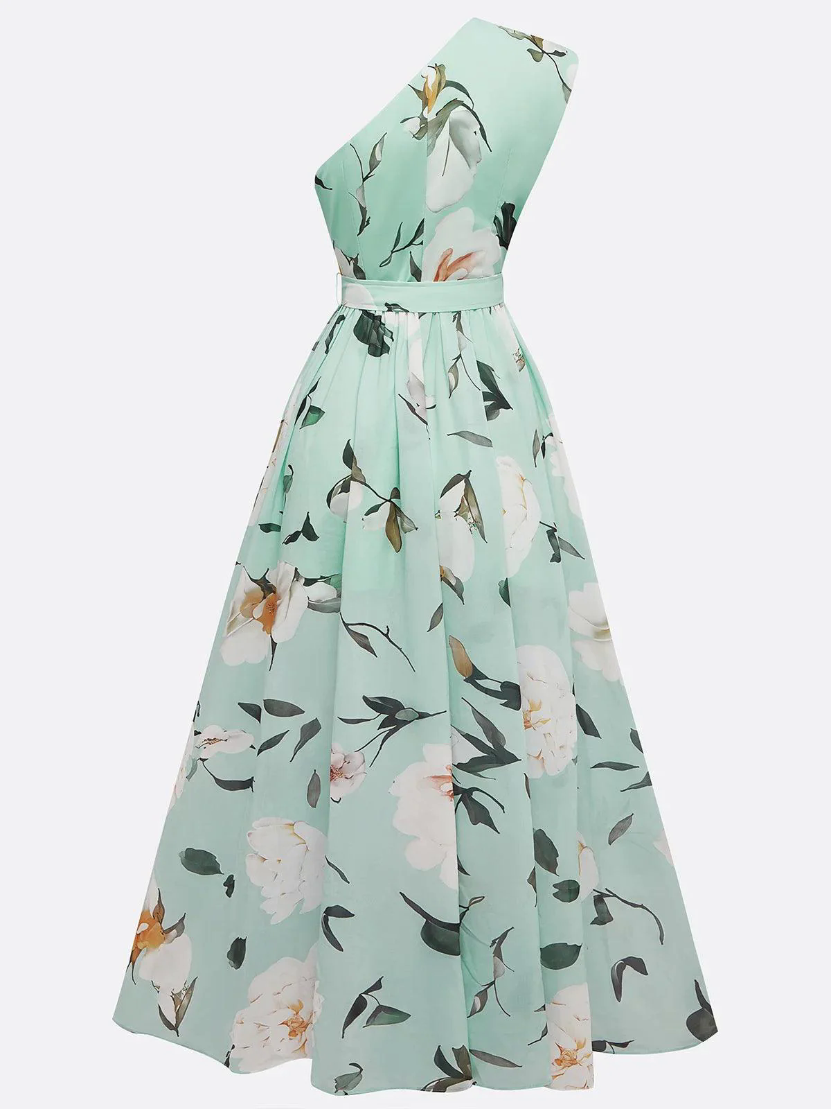 Light Green Floral Ruched One Shoulder A-Line Maxi Chiffon Dress