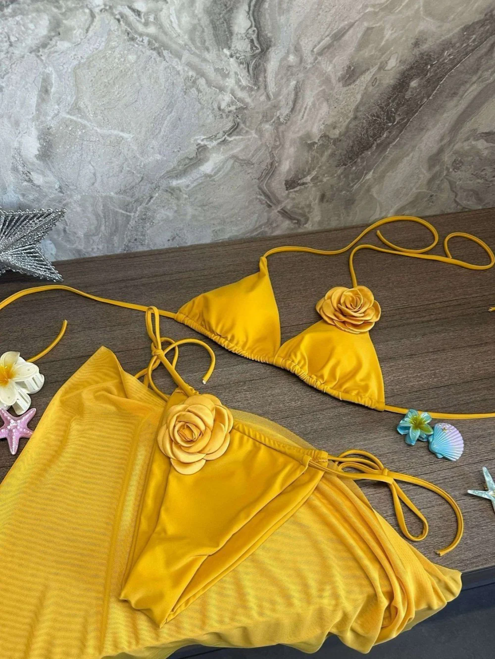 Yellow flower swimsuit three piece set