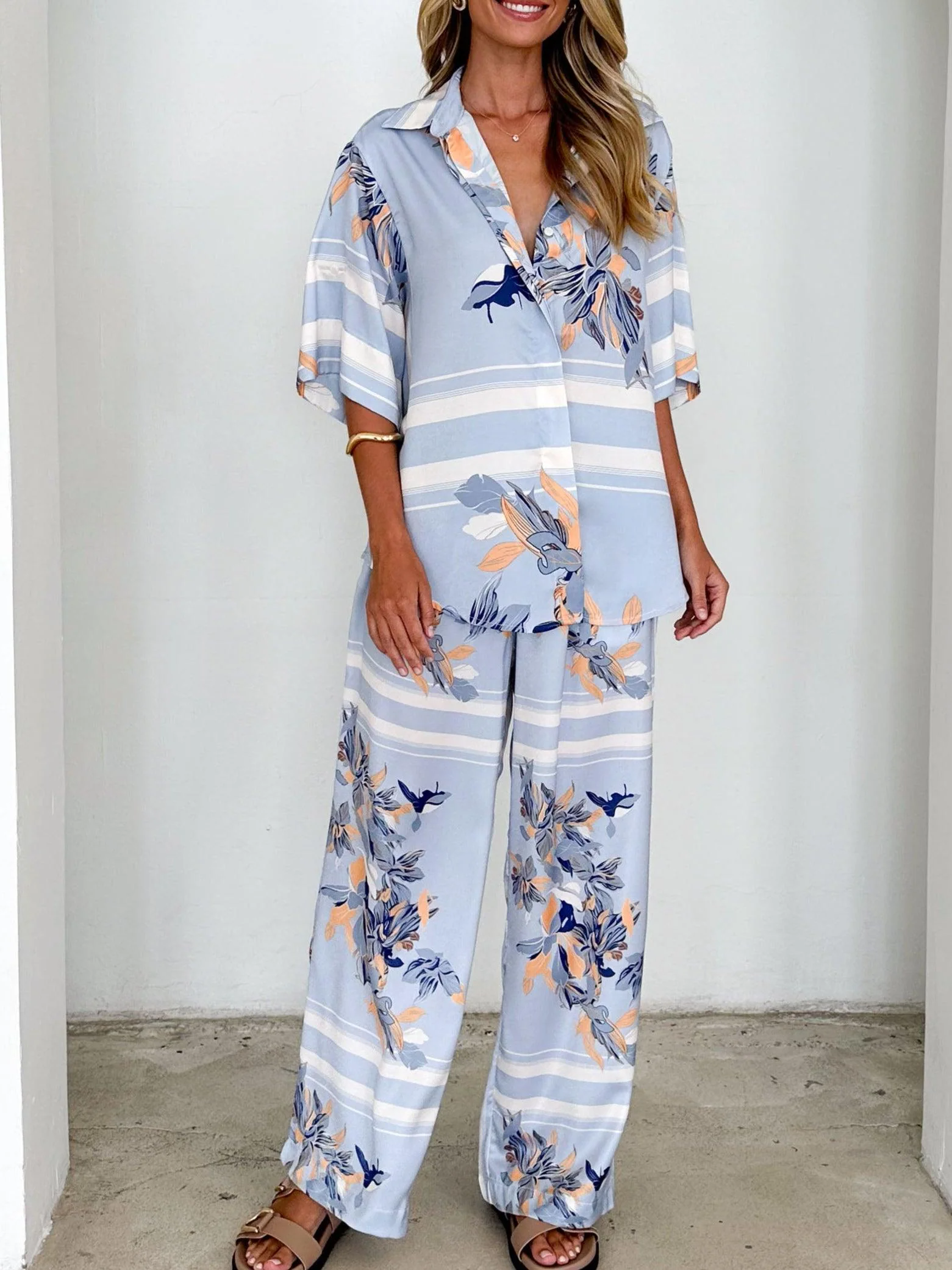Powder Blue Floral Casual Loose Shirt and Trousers Set