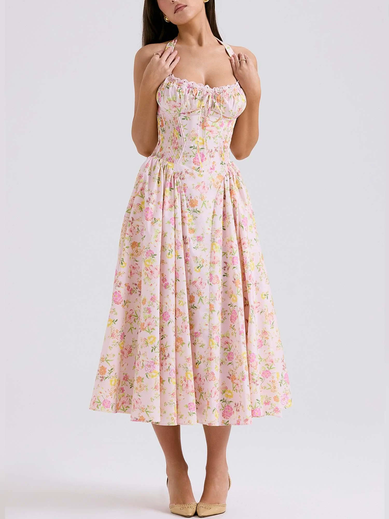 Romantic Floral Corset Midi Dress