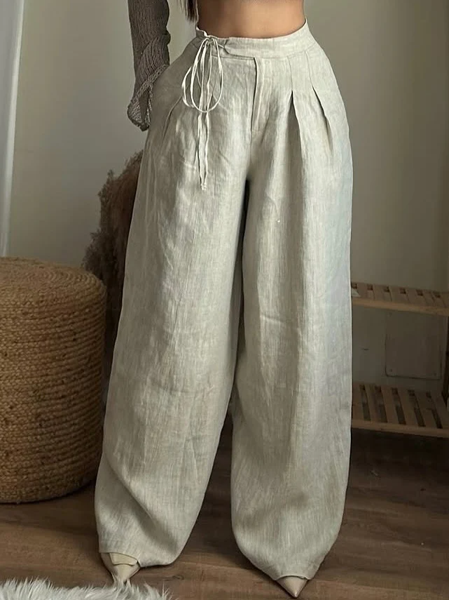 Beige Linen Wide-Leg Pants