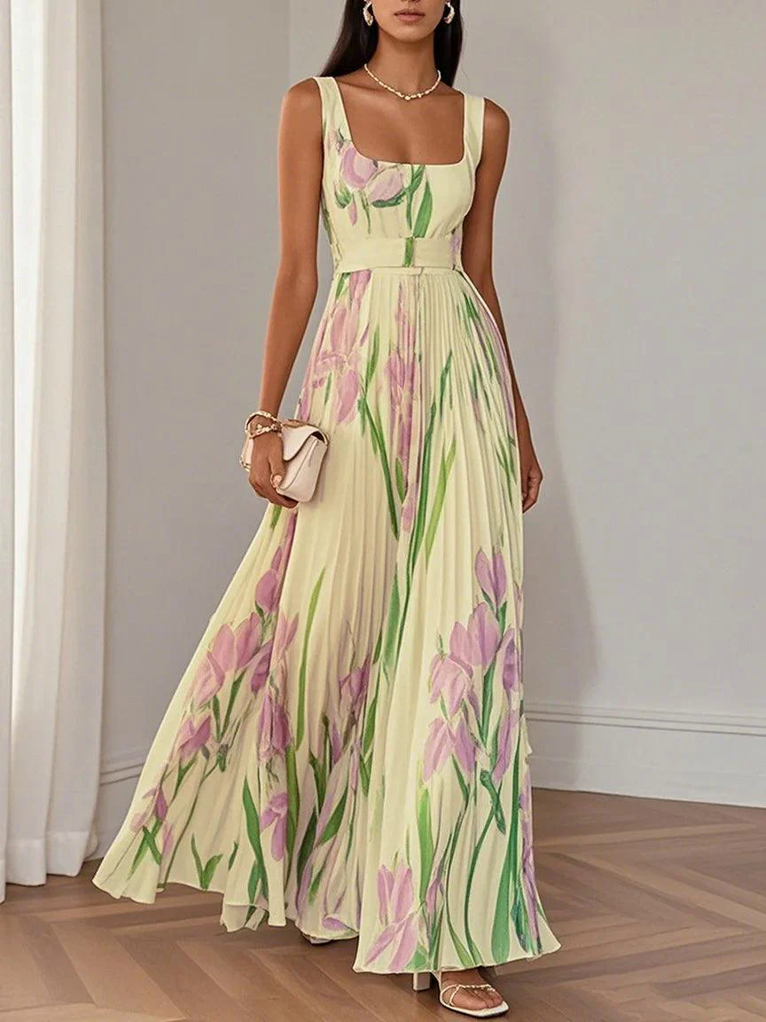 White Pleated Floral Chiffon Square Neck Sleeveless A-Line Maxi Dress