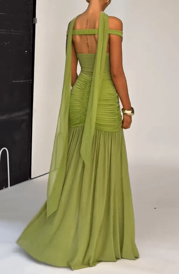 V-shoulder Maxi Dress - Olive