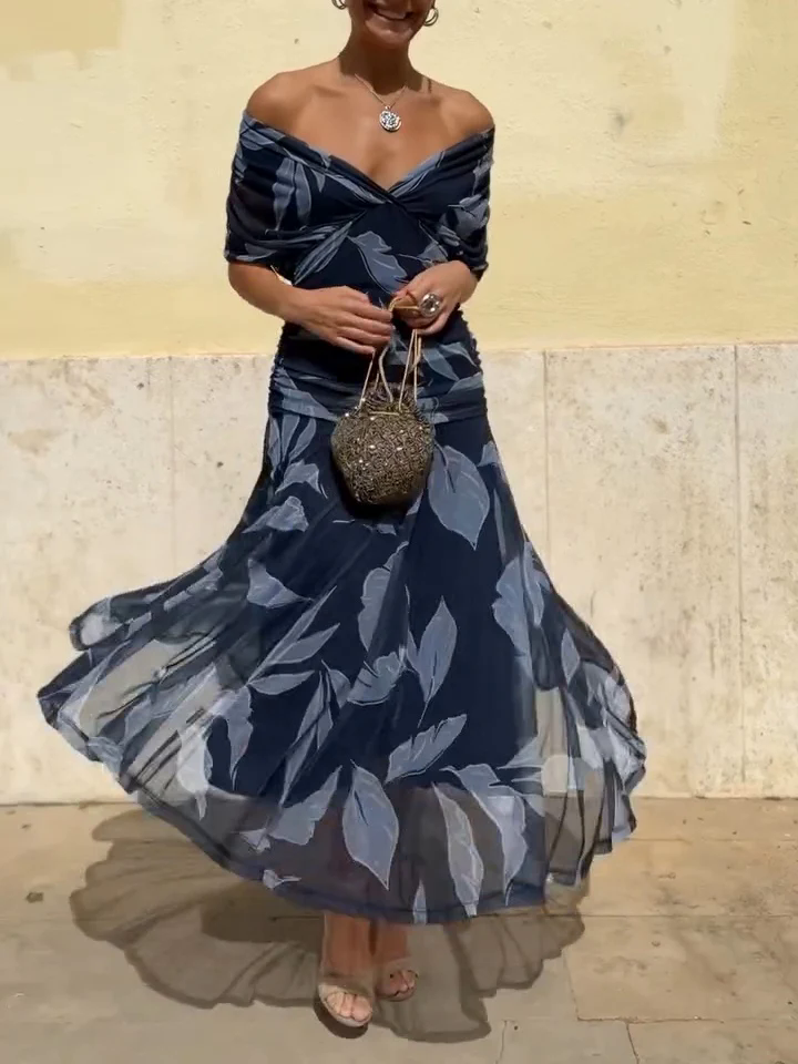 Dark Blue Leaf Print Dress