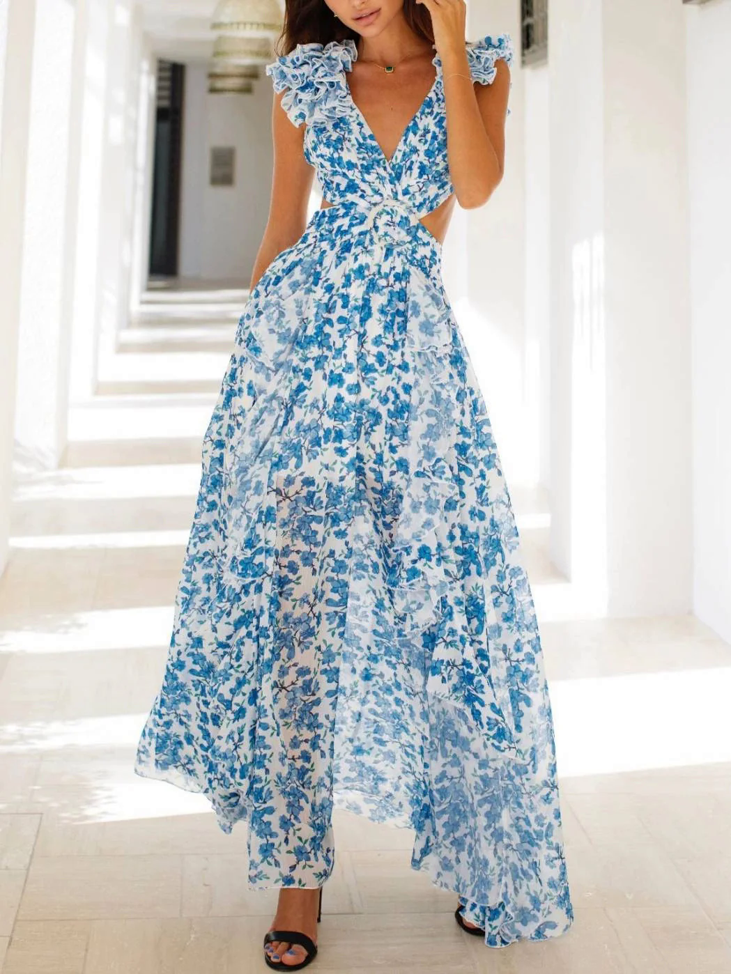Deep V-neck Floral Hollow Maxi Dress