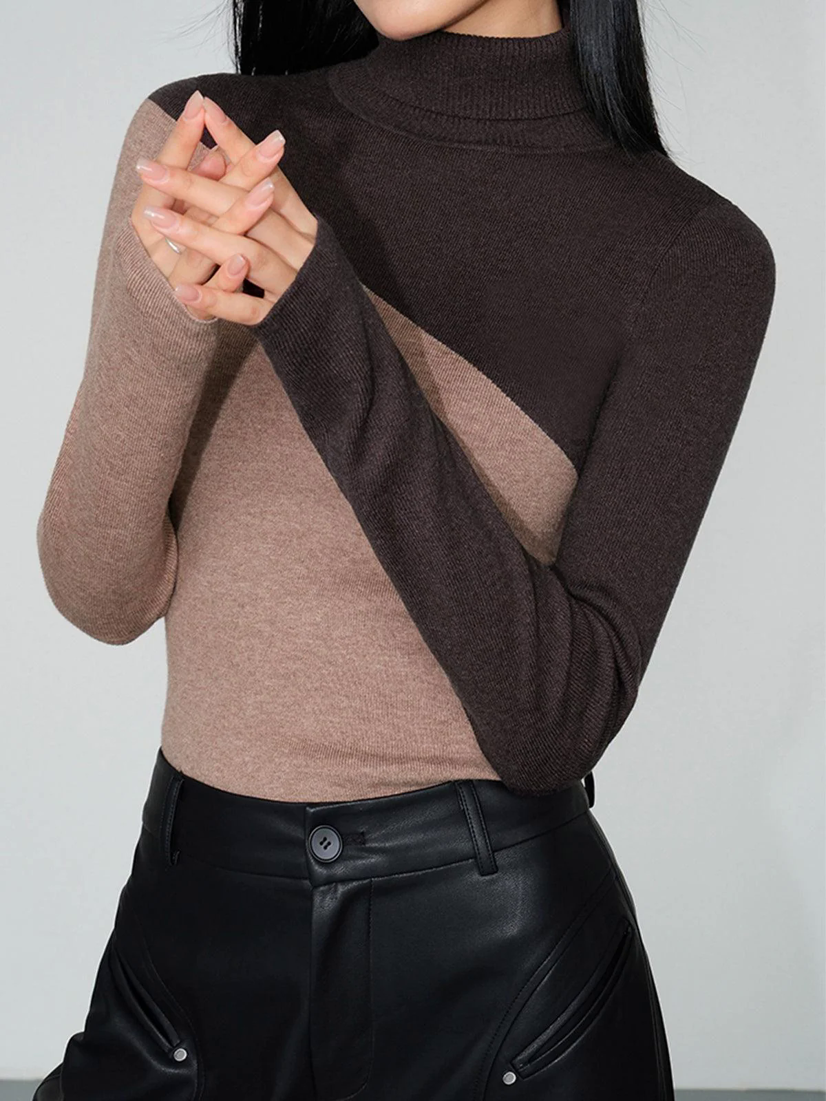 Asymmetric Patchwork Long Sleeve Mock Neck Knit Top