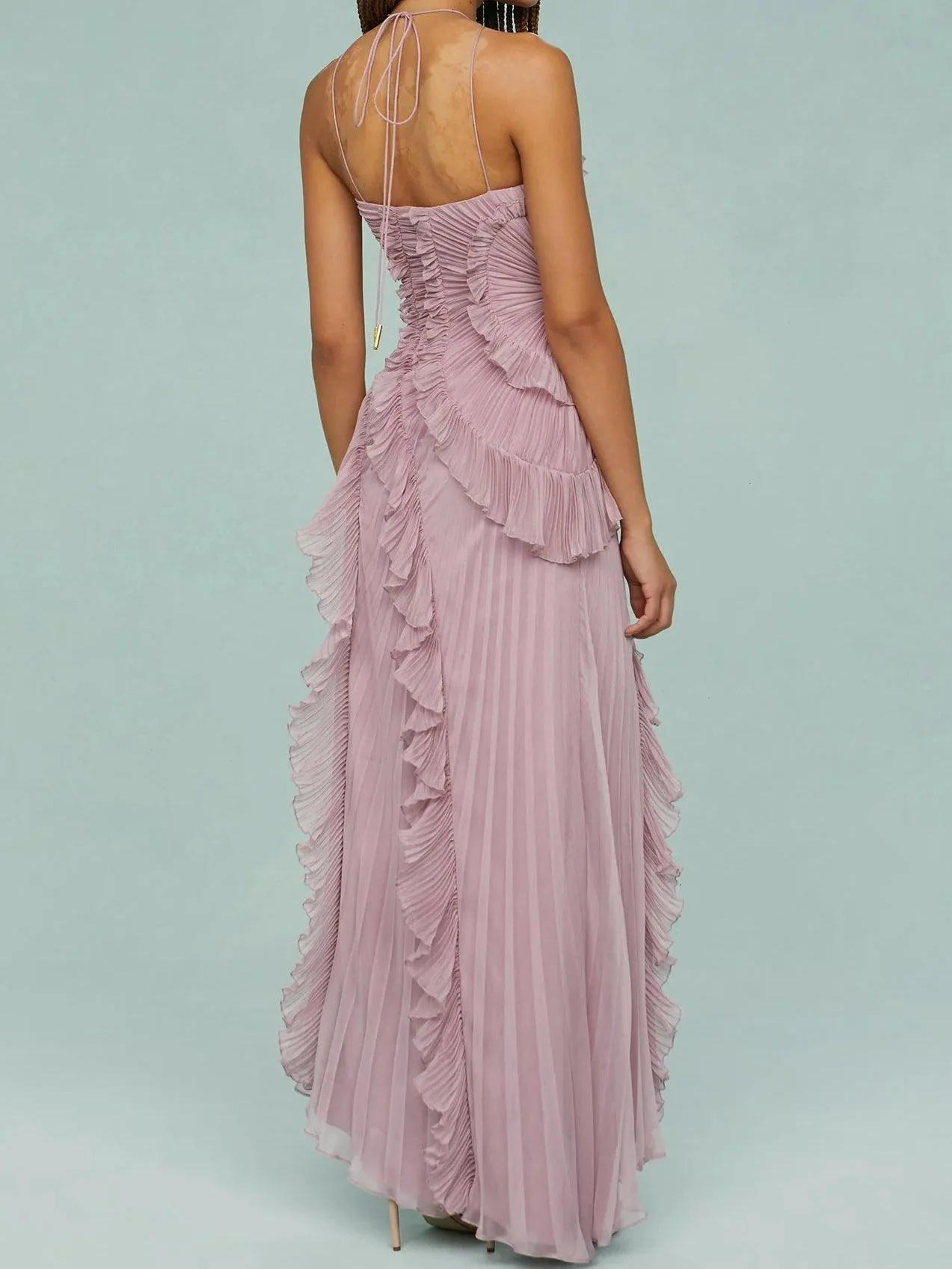 Pleated Suspender Long Dress With Slits